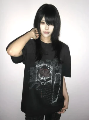 Dark gothic short sleeve t-shirt front half-body shot featuring ornate mirror frame snake and text print details