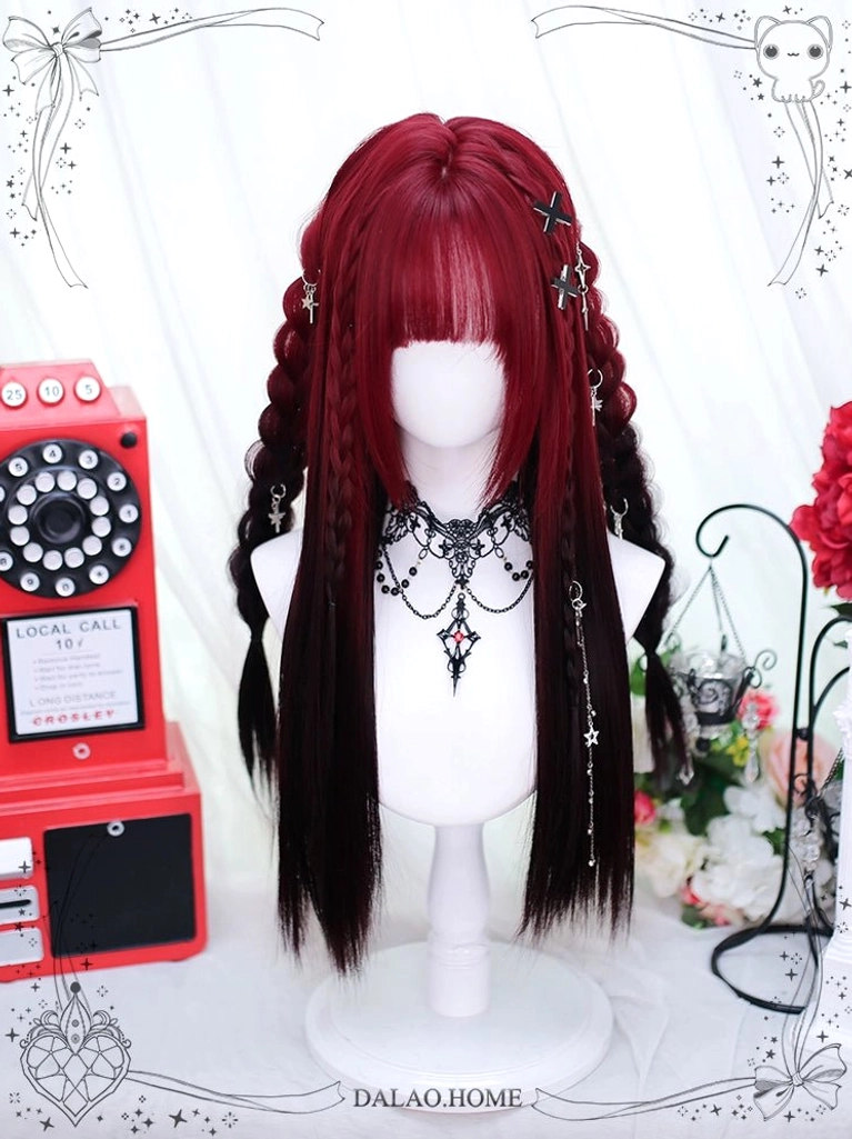 Red and black gradient Jirai Kei wig with side braids and silver star hair clips, displayed on mannequin with retro props, straight bangs and braided long hair design