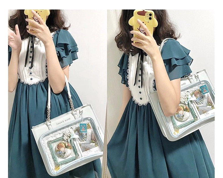 Gray checkered jirai kei ita bag showing neutral sophistication versatility across jirai subcategories
