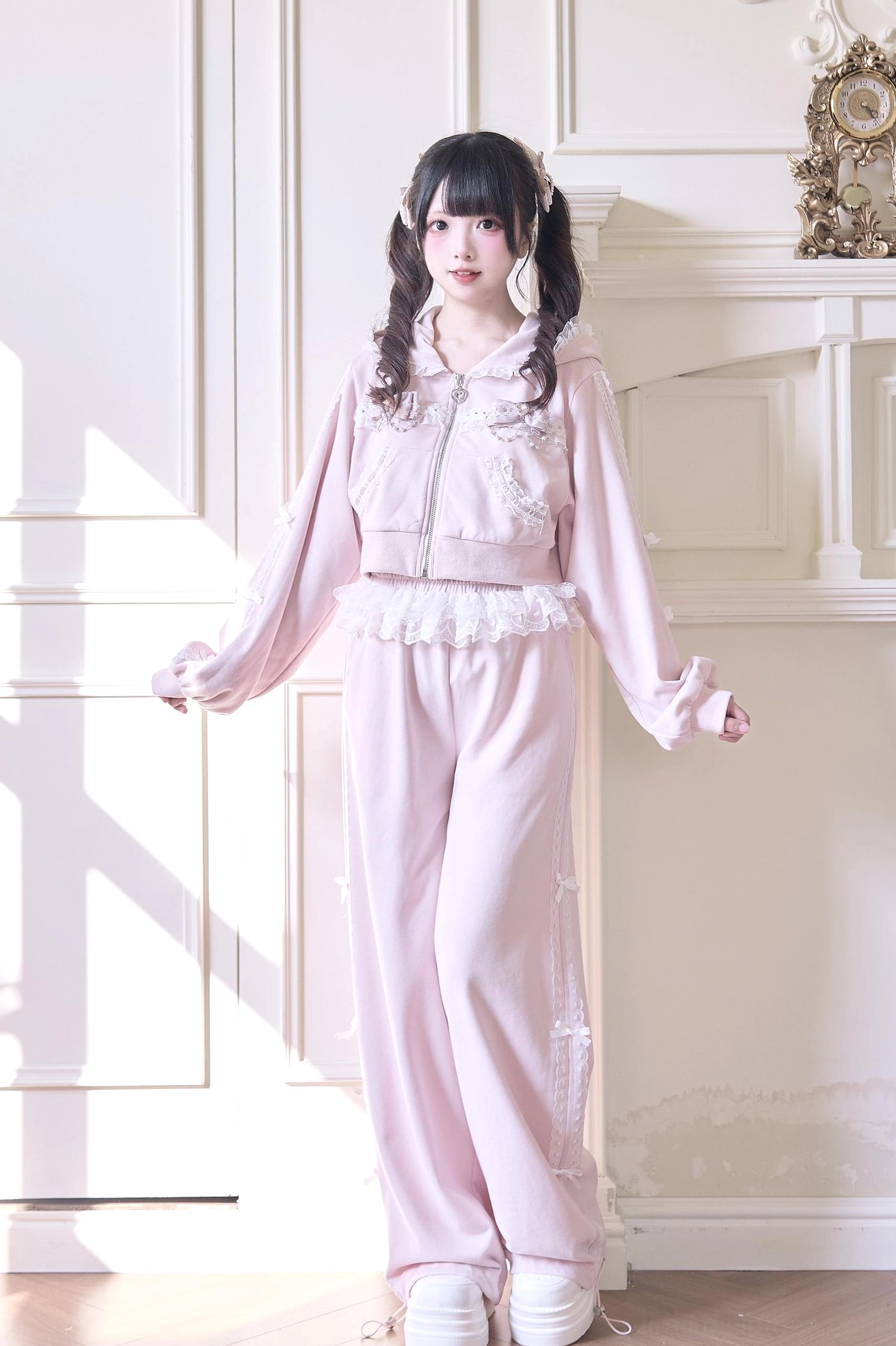 Gray Jirai Kei sport hoodie coat individual piece showing lace trim hood and detachable bow accents standalone