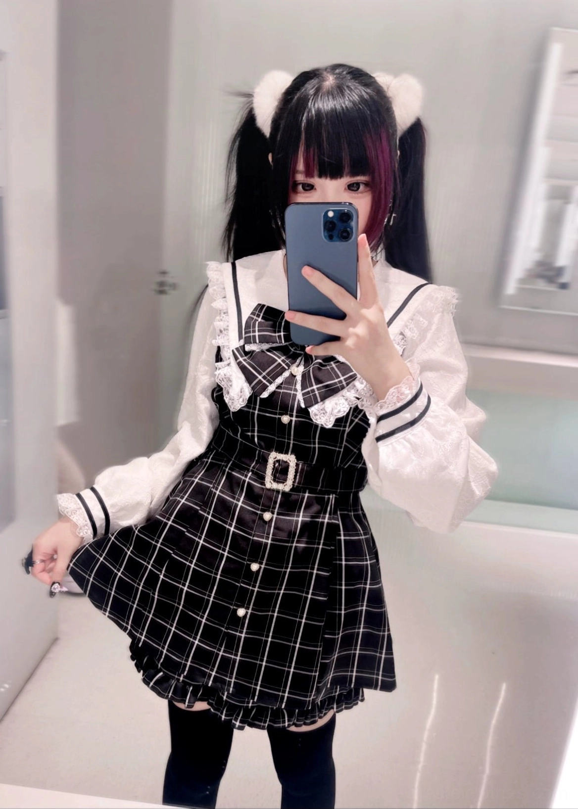 Gray purple long sleeve Jirai Kei waist-cinching dress shorts set variant color option