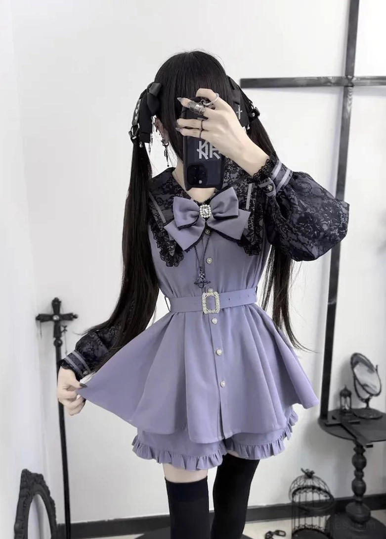 Gray purple long sleeve Jirai Kei waist-cinching dress shorts detailed fit variant