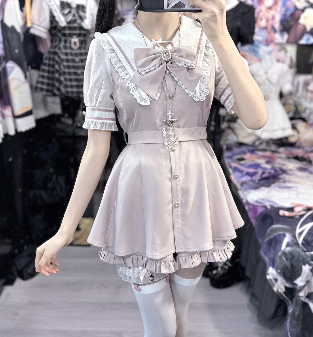 Gray purple long sleeve Jirai Kei waist-cinching dress shorts set moody mysterious sophisticated