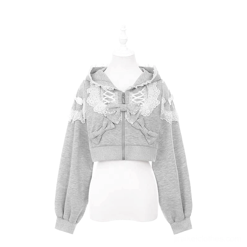 Gray ryousangata cropped zip-up hoodie with lace overlay and bow front trim, studio product display on mannequin