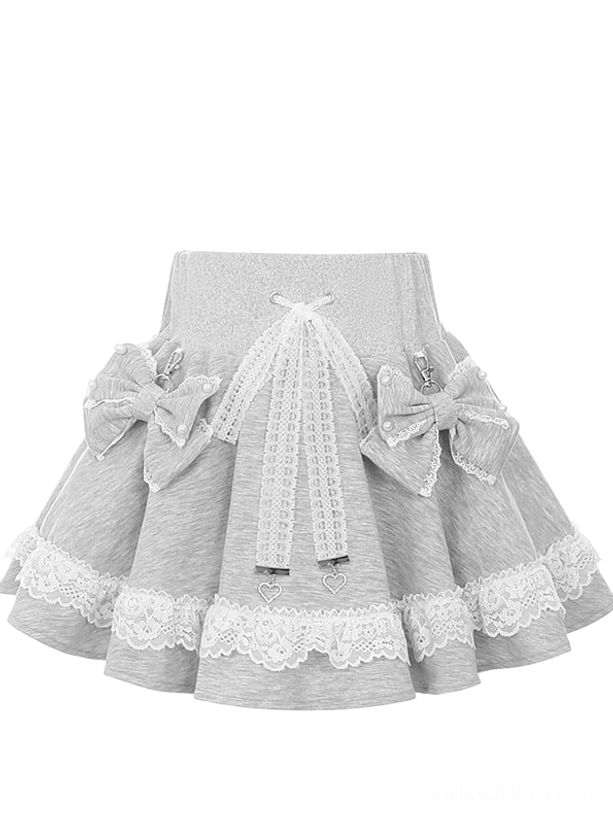 Gray high-waisted ryousangata lace pleated skirt with bow decorations and lace hem, studio product flat lay display