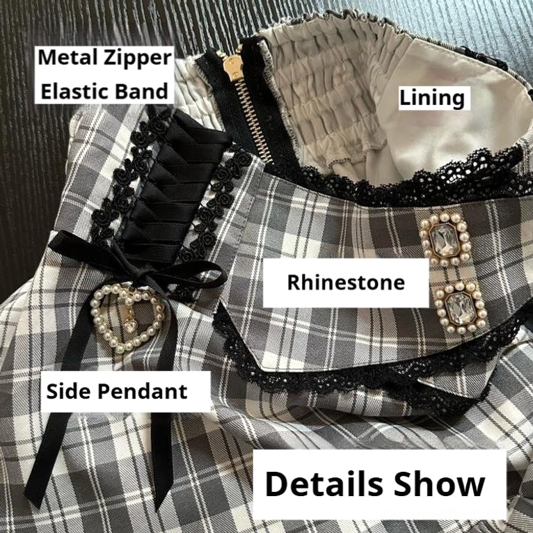 Gray-white plaid tiered mini skirt back and front detail views, showing elastic waistband, metal zipper closure, heart pendant charm and black backpack styling