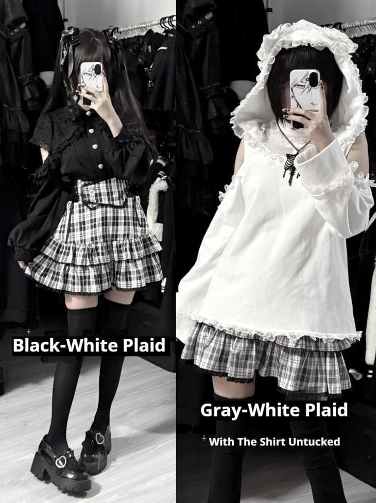 Gray-white plaid tiered mini skirt with white hooded top, showing lace frilled trims and tiered ruffled design, full-body mirror selfie in fitting room