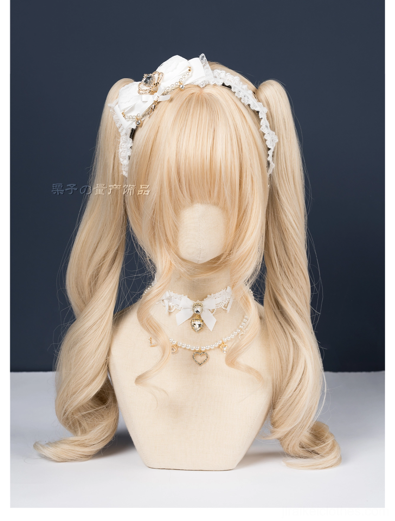 Grayish blue ryousangata plush bow headband front mannequin view soft texture dark studio backdrop jirai kei aesthetic
