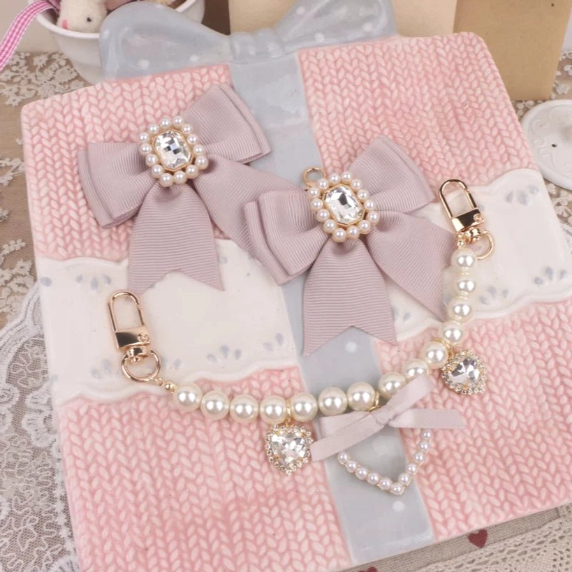 Grayish-pink Jirai Kei bag charm faux pearl chain 23 cm one pair satin bow complete set
