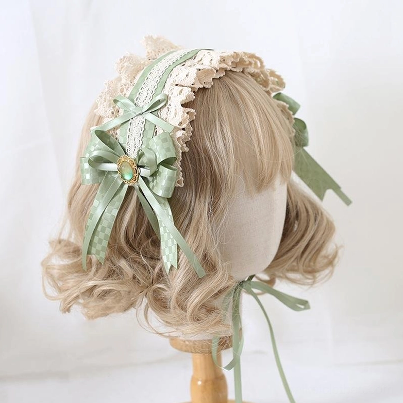 Green diamond pearl Jirai Kei headband featuring gemstone-inspired diamond pattern, pearl embellishments, elegant satin construction for romantic alternative fashion styling