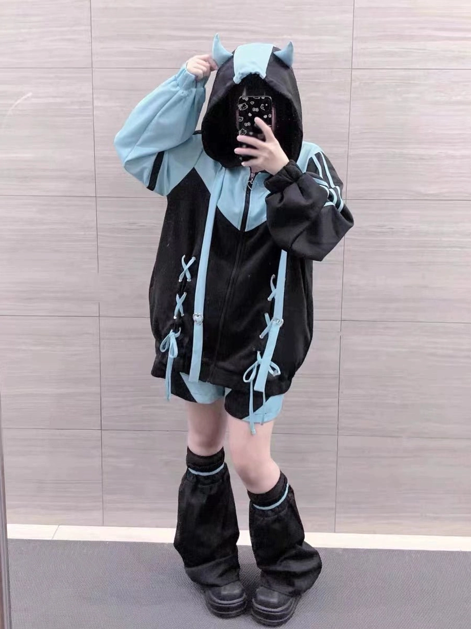 Green Jirai Kei full set ensemble including hooded jacket, matching pants, and leg warmers showing color-coordinated design and cross-lacing details
