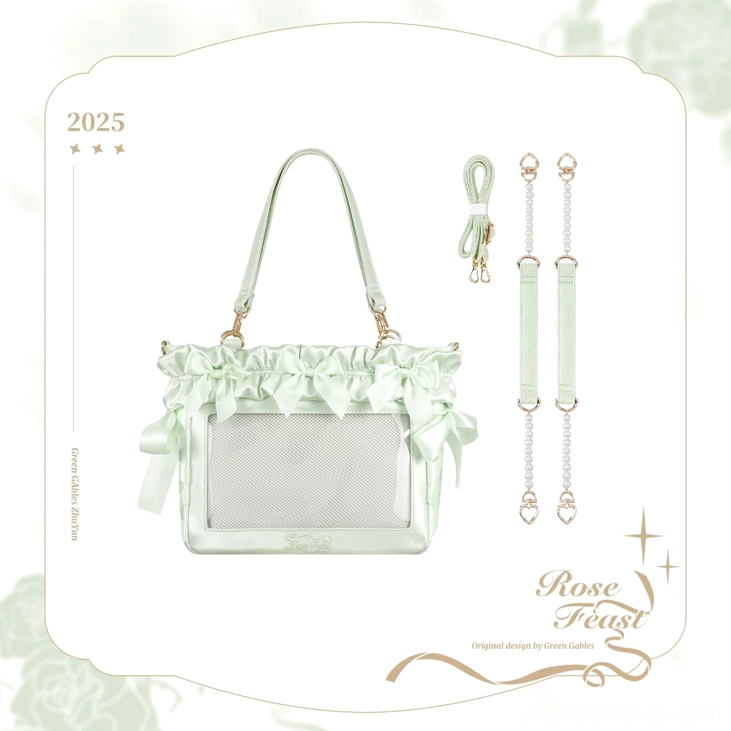 Green Jirai Kei laptop itabag color option forest or mint green shade with decorative bows ruffles and clear character window display