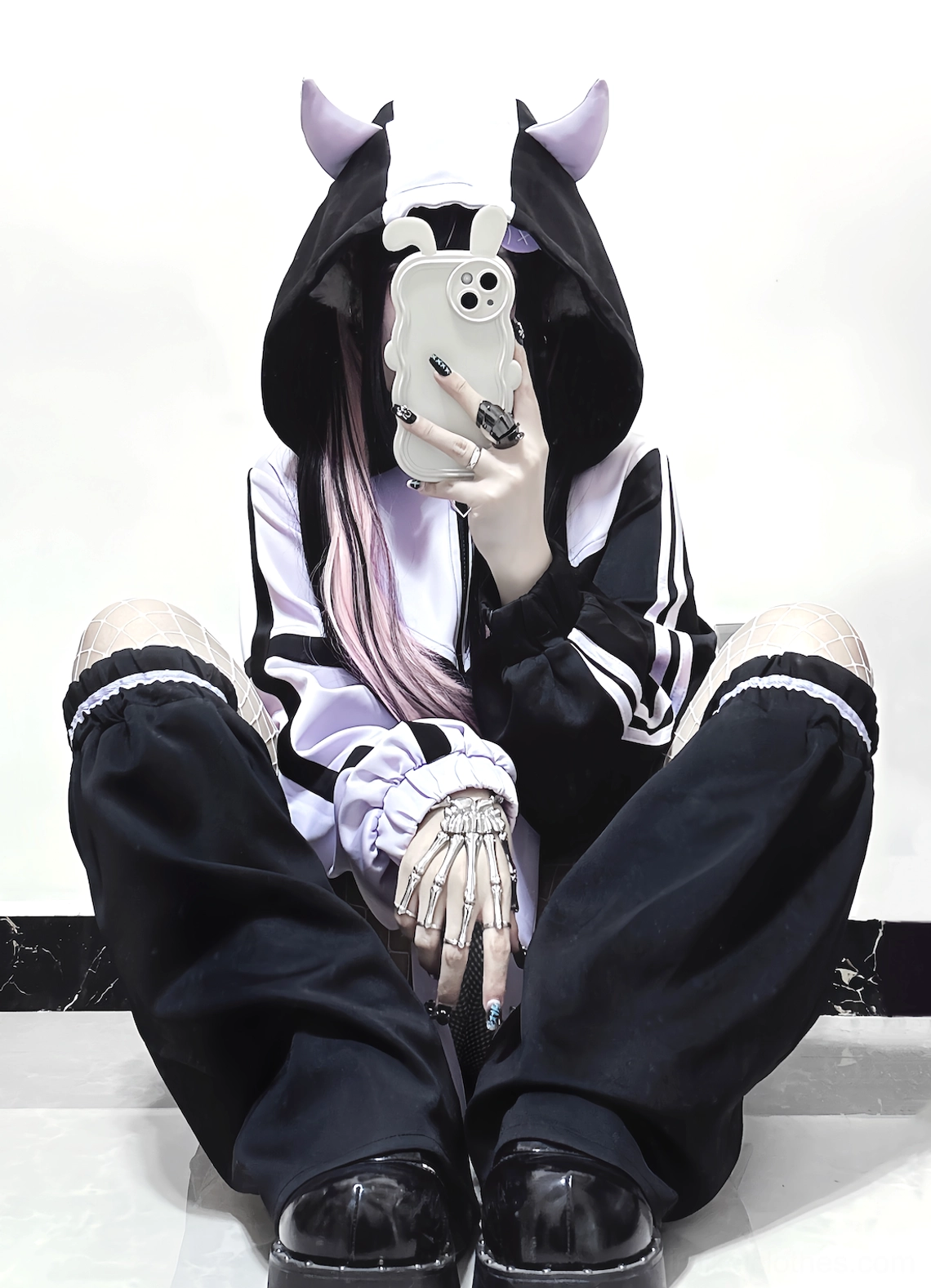 Green Tenshi Kaiwai Jirai Kei complete outfit ensemble showing jacket drape, pants length, leg warmer fit, and color harmony across all pieces