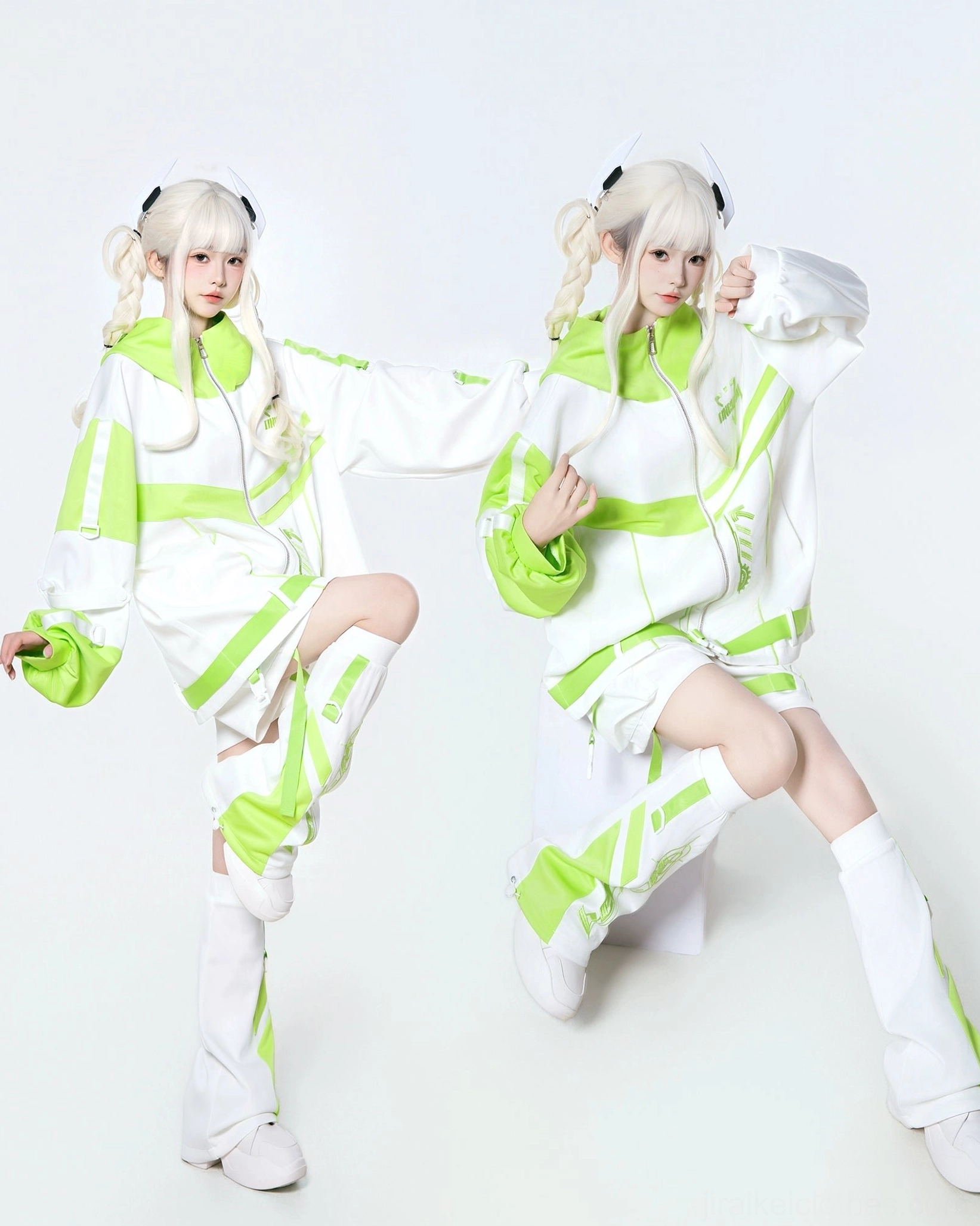 Green and white neon techwear hoodie - showing oversized hood and extended sleeve proportions for cyberpunk styling