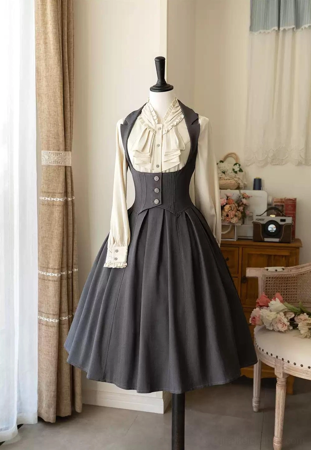 Grey corset Lolita dress product shot front view classic silhouette faux two-piece design