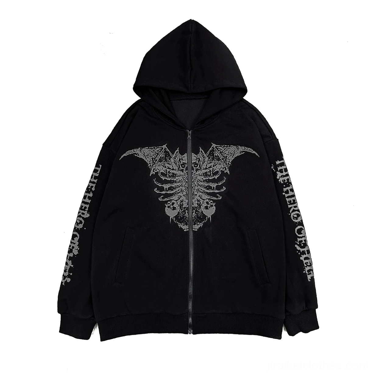 Grey ghost Jirai Kei hoodie with skeletal ribcage and wing fusion print, intricate sleeve text graphics, goth punk unisex sweatshirt for dark aesthetic lovers