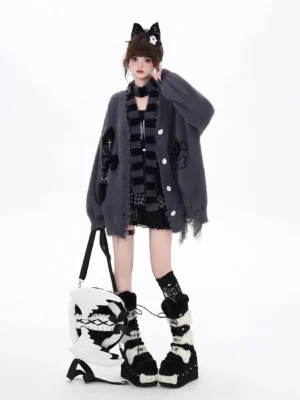 Grey Jirai Kei oversized frayed hem cardigan featuring embroidered patches, coordinated black-grey striped scarf, relaxed button-up fit showcased with cat-ear headband styling