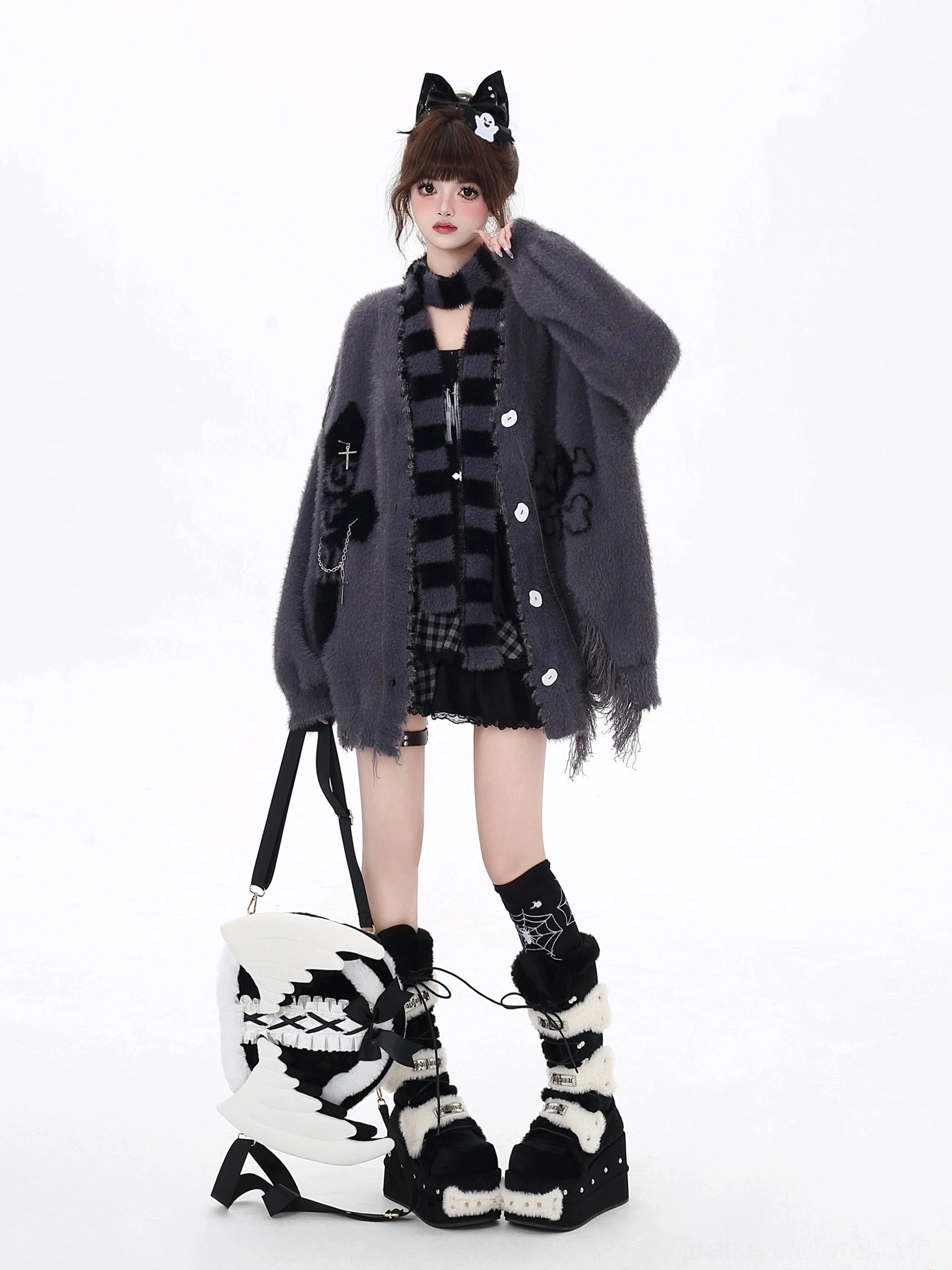 Grey Jirai Kei oversized frayed hem cardigan featuring embroidered patches, coordinated black-grey striped scarf, relaxed button-up fit showcased with cat-ear headband styling