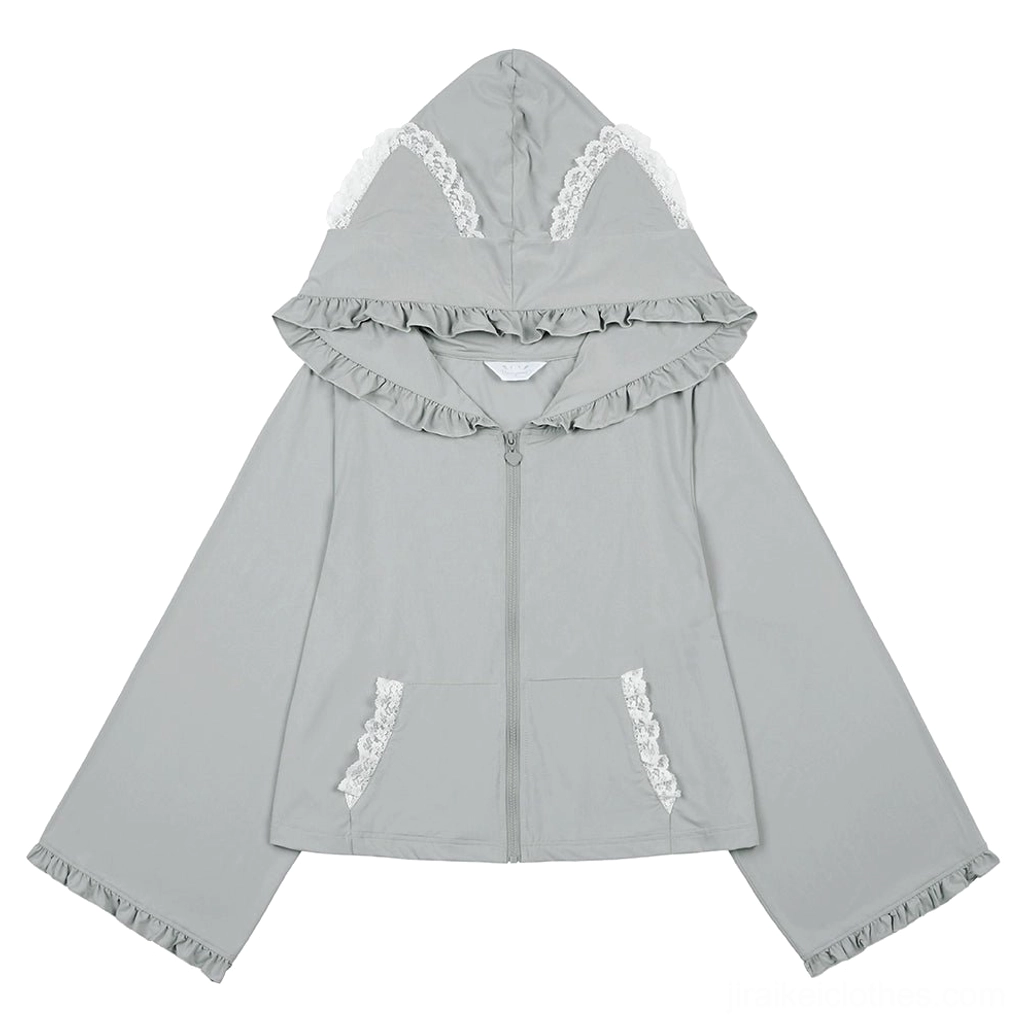 Grey Jirai Kei cat ear hoodie jacket one size with ruffled hood and lace trim, versatile neutral color for any coordinate
