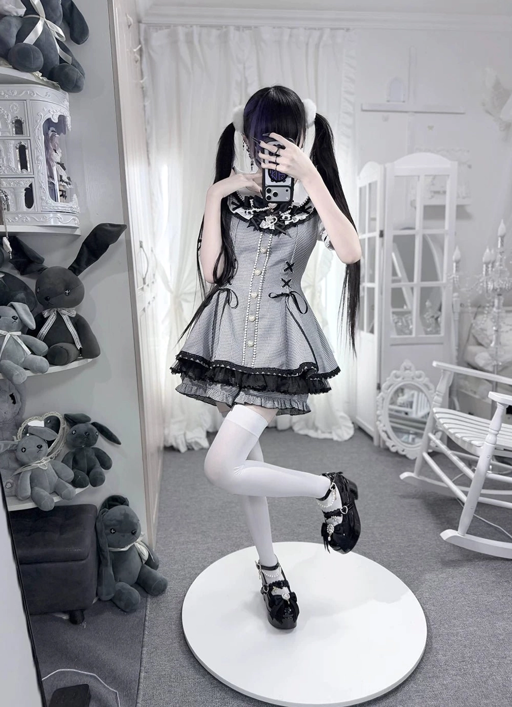 Grey Jirai Kei maid outfit platform shoes full side body view ruffled dress white thigh-high socks