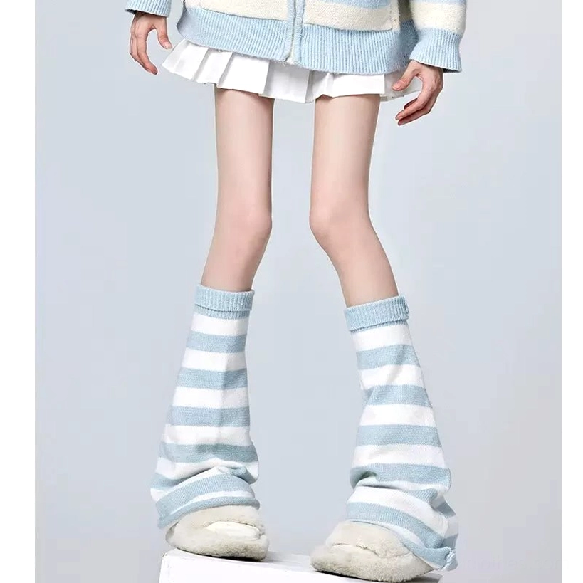 Grey light blue white horizontal striped Y2K Jirai Kei leg warmers slouchy fit fresh playful Y2K aesthetic styling