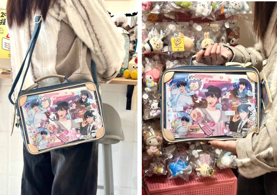 Grey purple jirai kei vintage square itabag atmospheric variant full product view transparent character display purple-grey leather aesthetic