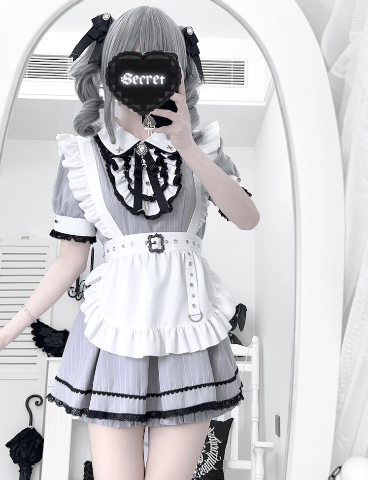Grey striped maid Jirai Kei dress set featuring ruffled white apron doll collar and belted waist