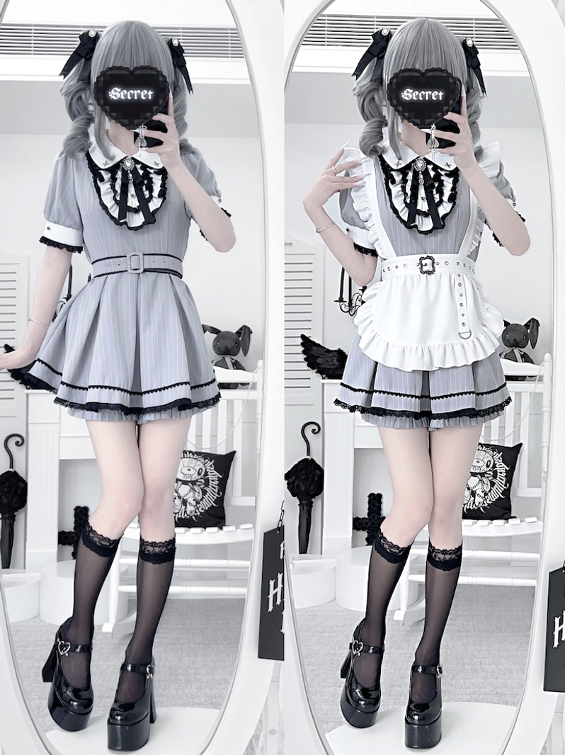 Light grey striped maid Jirai Kei dress set with white lace apron and waist belt styling