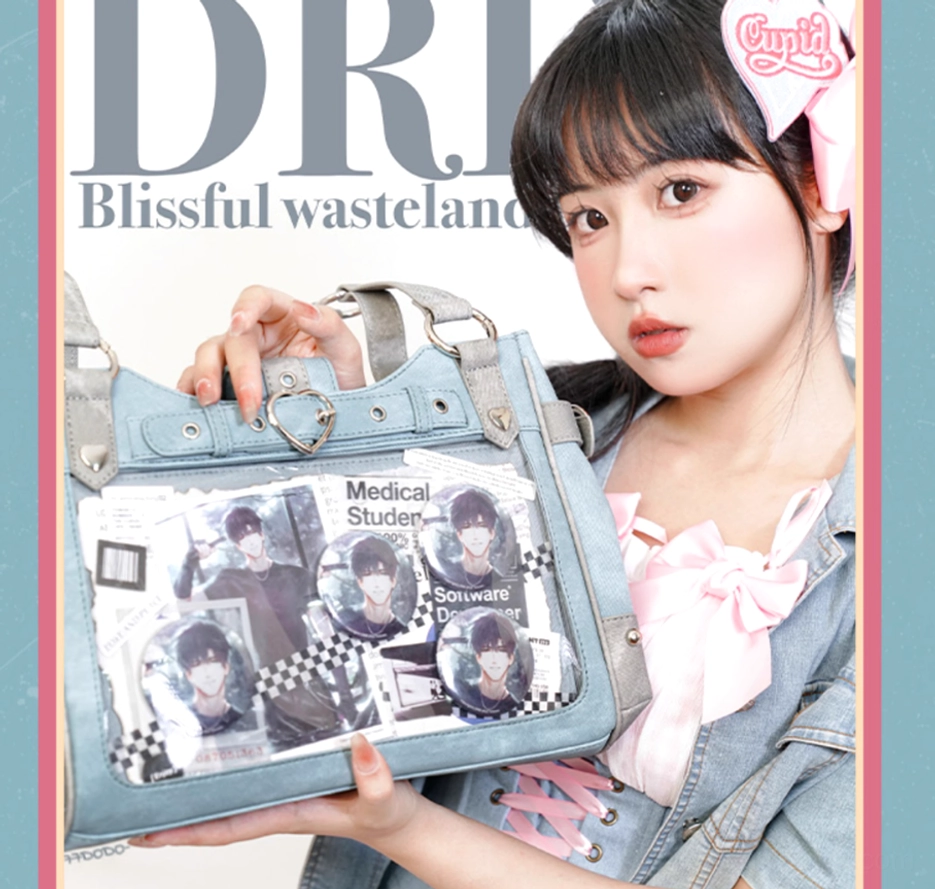 Gun-grey Jirai Kei ita shoulder bag interior and exterior view demonstrating spacious capacity, dual front cargo pockets, and durable imitation denim leather construction