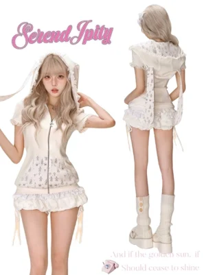 Gyaru outfit front and back dual view showing bunny ear hood design and drawstring hem lace skirt