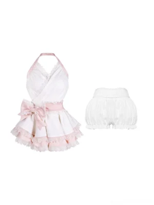 Flat lay display of complete halter neck Jirai Kei dress set with puffy safety shorts, showing white elastic waist bloomers, layered lace construction, and detachable bow waistband