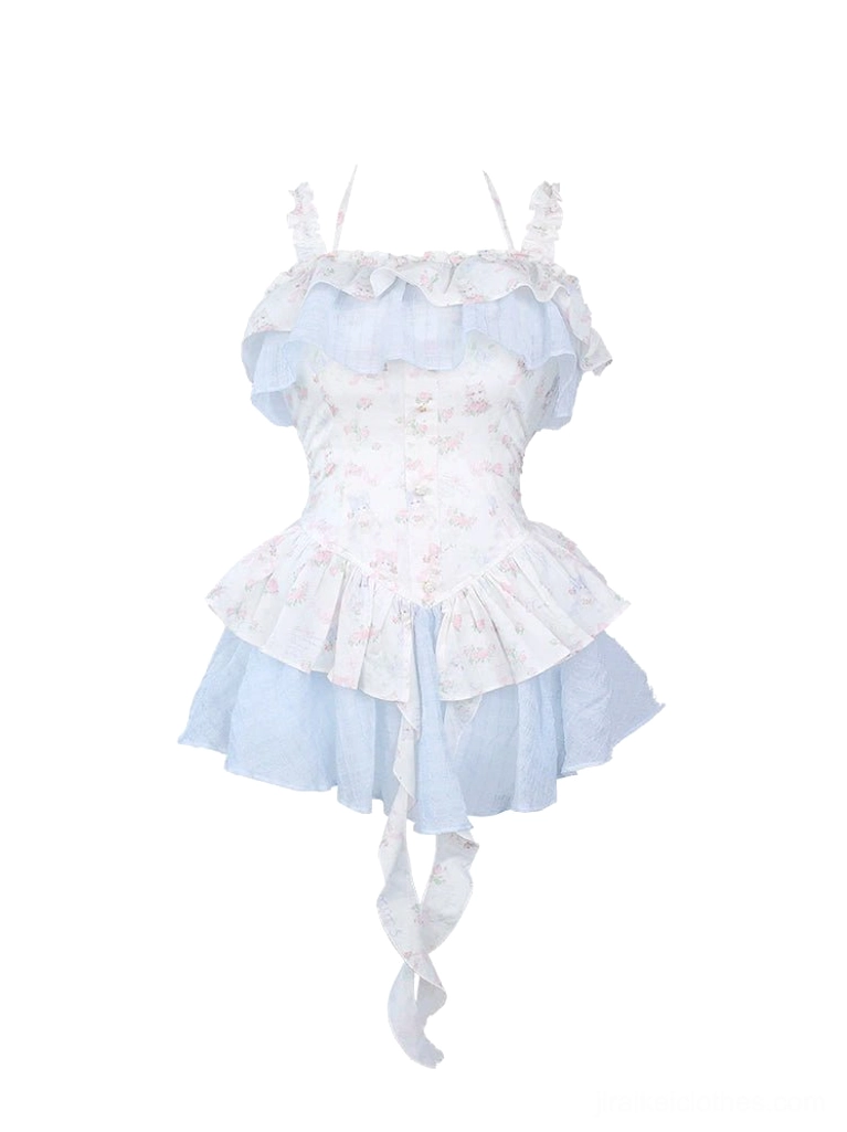 Halter neck camisole floral dress standalone product shot showing blue white print ruffled layered hem front view