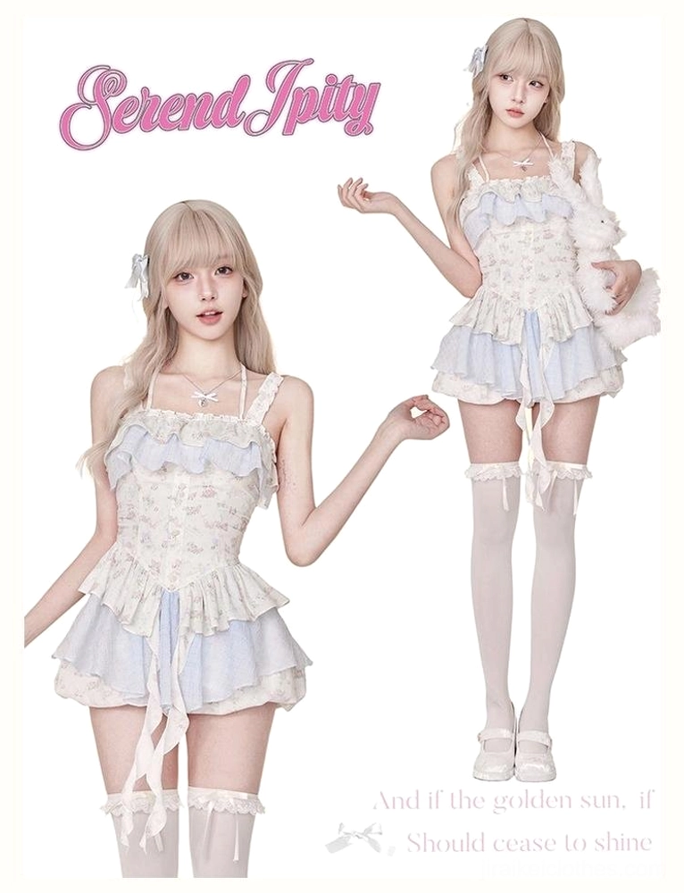 Two blonde models wearing matching halter neck blue white floral gyaru dress with bloomers multiple styling poses