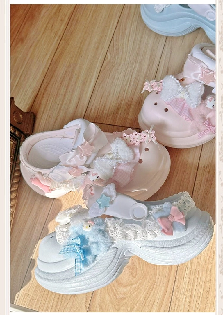 Handcrafted Jirai Kei kawaii clog sandals with artisanal details, unique lace and fuzzy embellishments, cute charm accessories, minor variations showcase authenticity