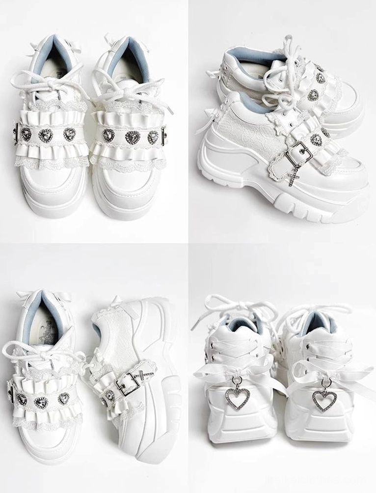 Heart rhinestone jirai kei platform shoes product shot quality construction cushioned comfort footwear