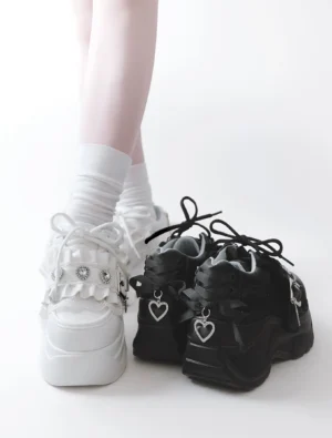 Jirai kei platform shoes rear view model feet wearing white color variant with black pair beside on white background