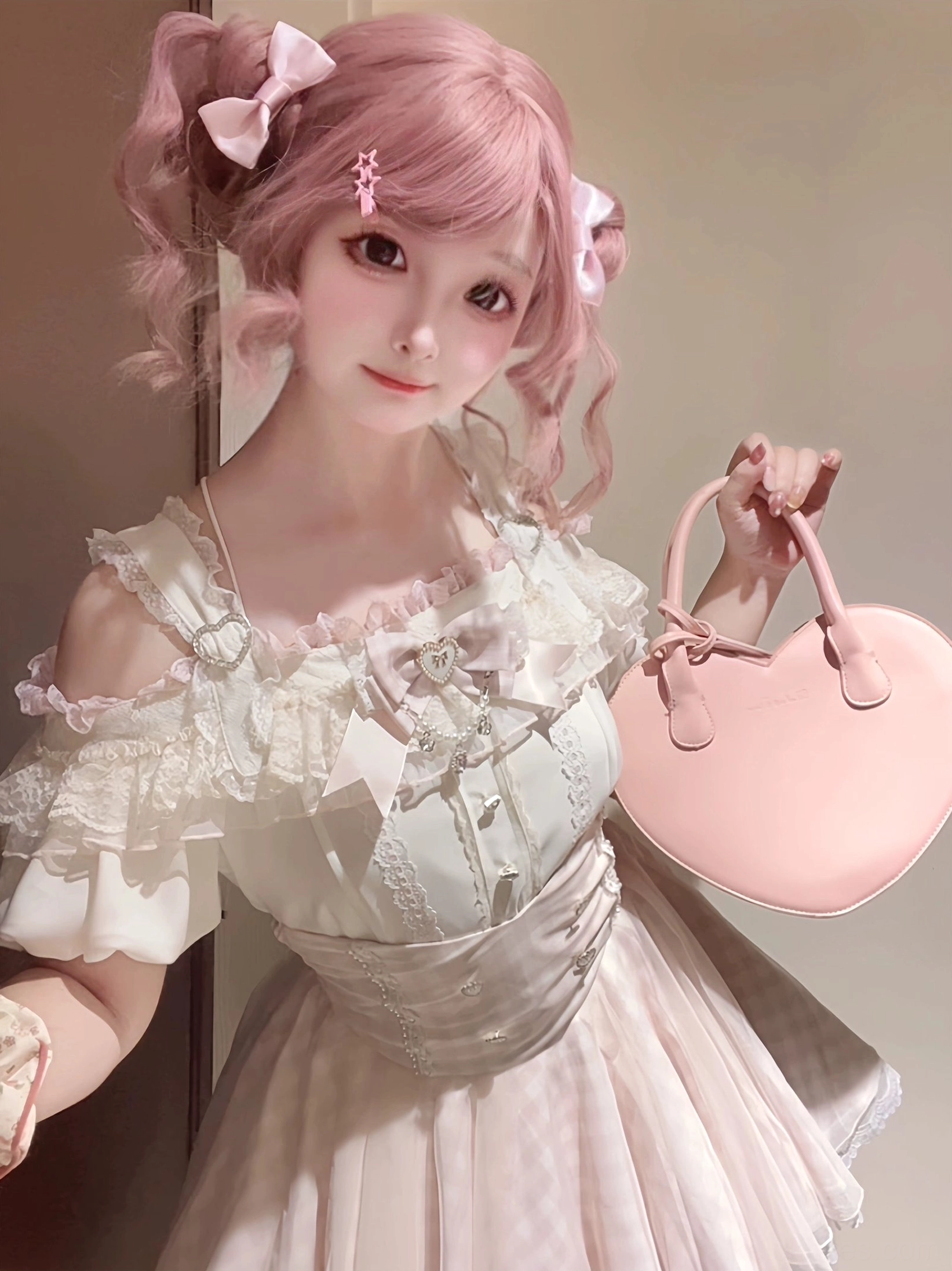 Heart-shaped collar bow add-on ryousangata set pink ribbon lace construction separate purchase Jirai Kei finishing accessory detail