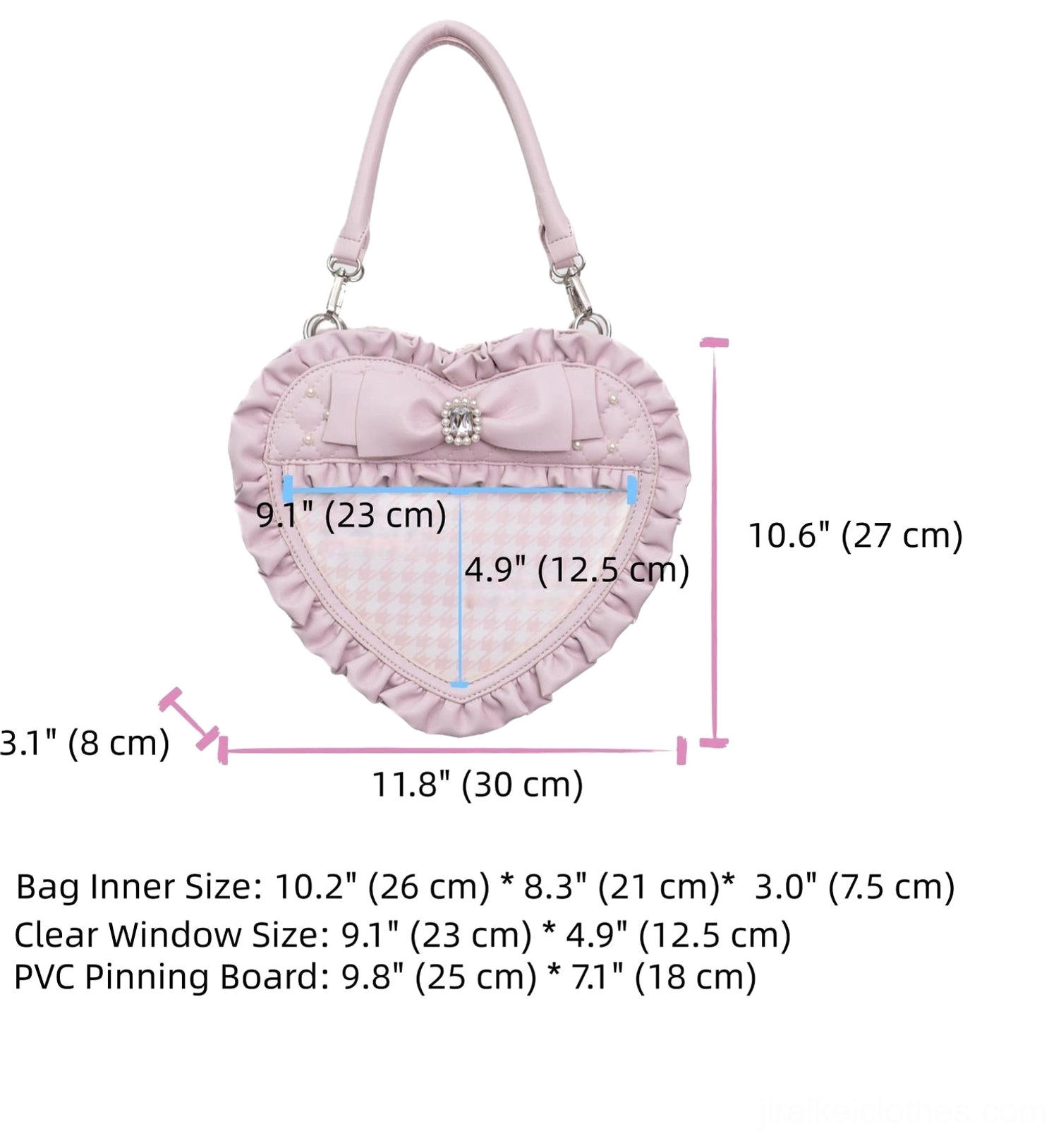 Jirai Kei heart-shaped itabag product size specification diagram and measurement guide showing dimensions in inches and centimeters for bag, display window and straps