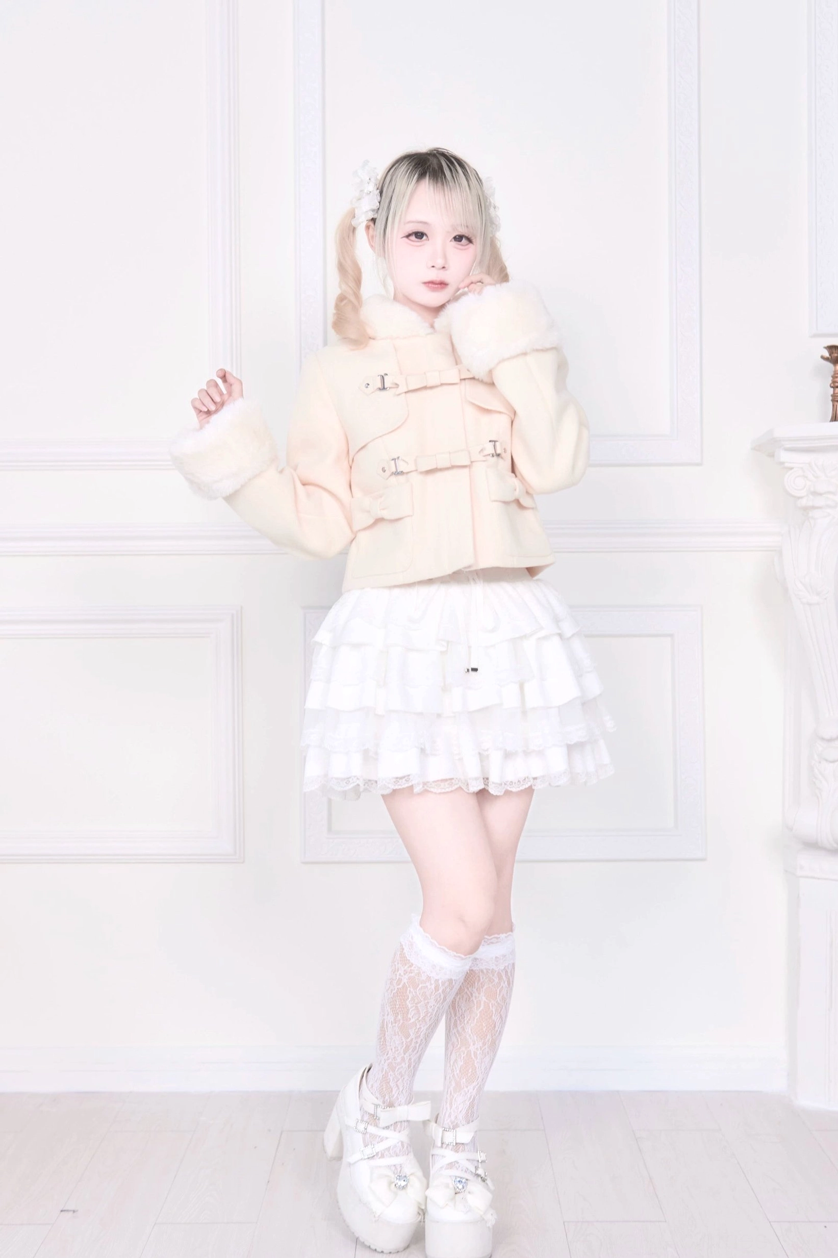 Hooded rousangata coat model wearing product in various settings, showcasing jirai kei coat versatility and styling possibilities in different occasions