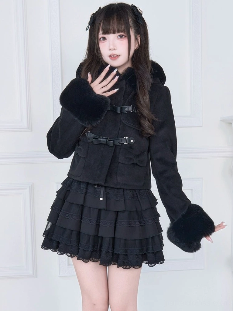Hooded rousangata coat waist-defining plush-lined interior, showing high-waisted cropped silhouette and interior construction of jirai kei coat design