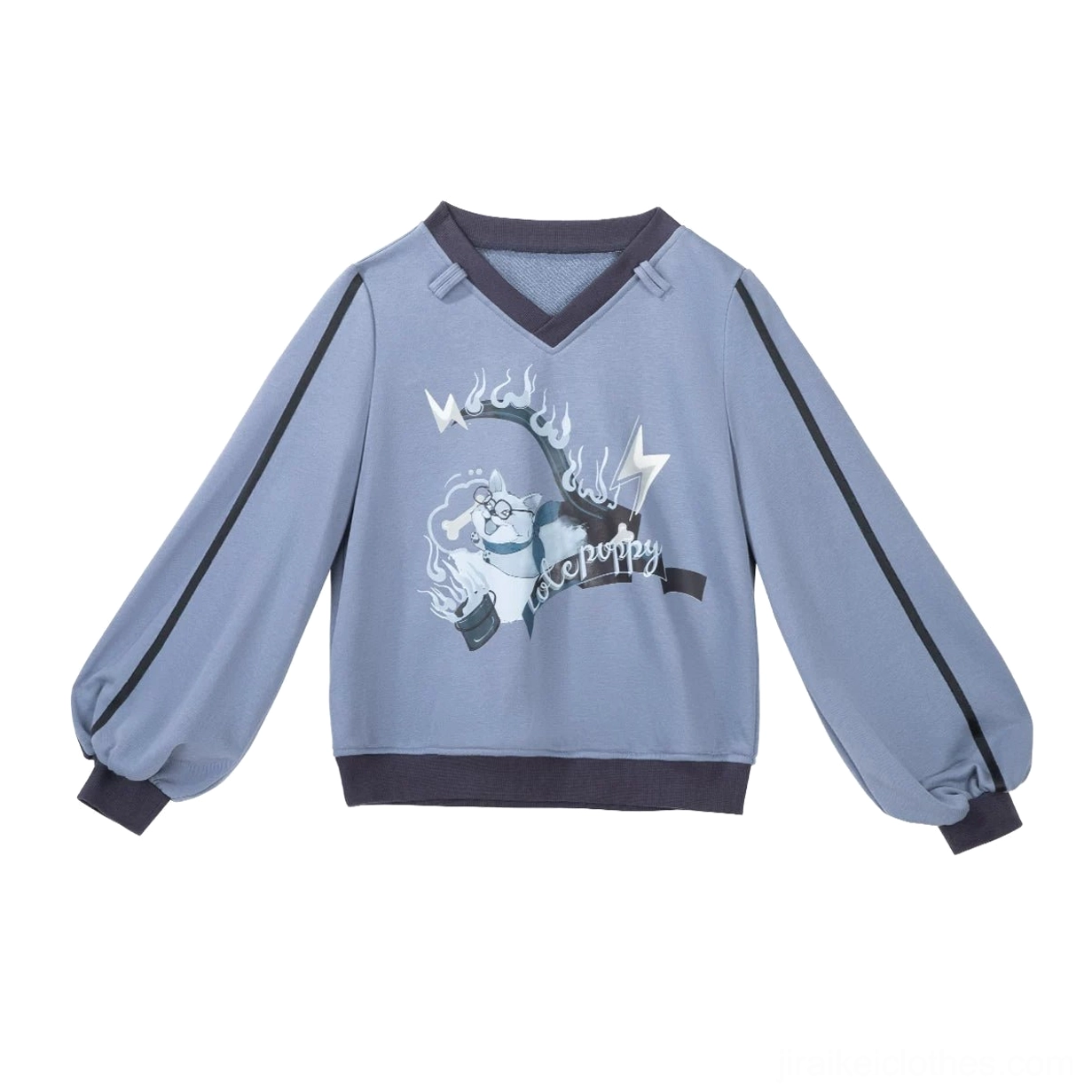Hoodless Sweatshirt with Volt Cat inspired front print and loose fit design in black with electric blue graphics