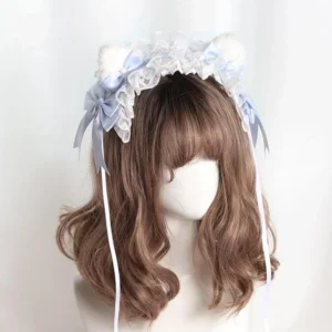 Ice blue Jirai Kei cat ear lace headdress with white ruffle lace, light blue satin bows, white flowing ribbons, detachable fluffy ears, mannequin styling, three-quarter front view