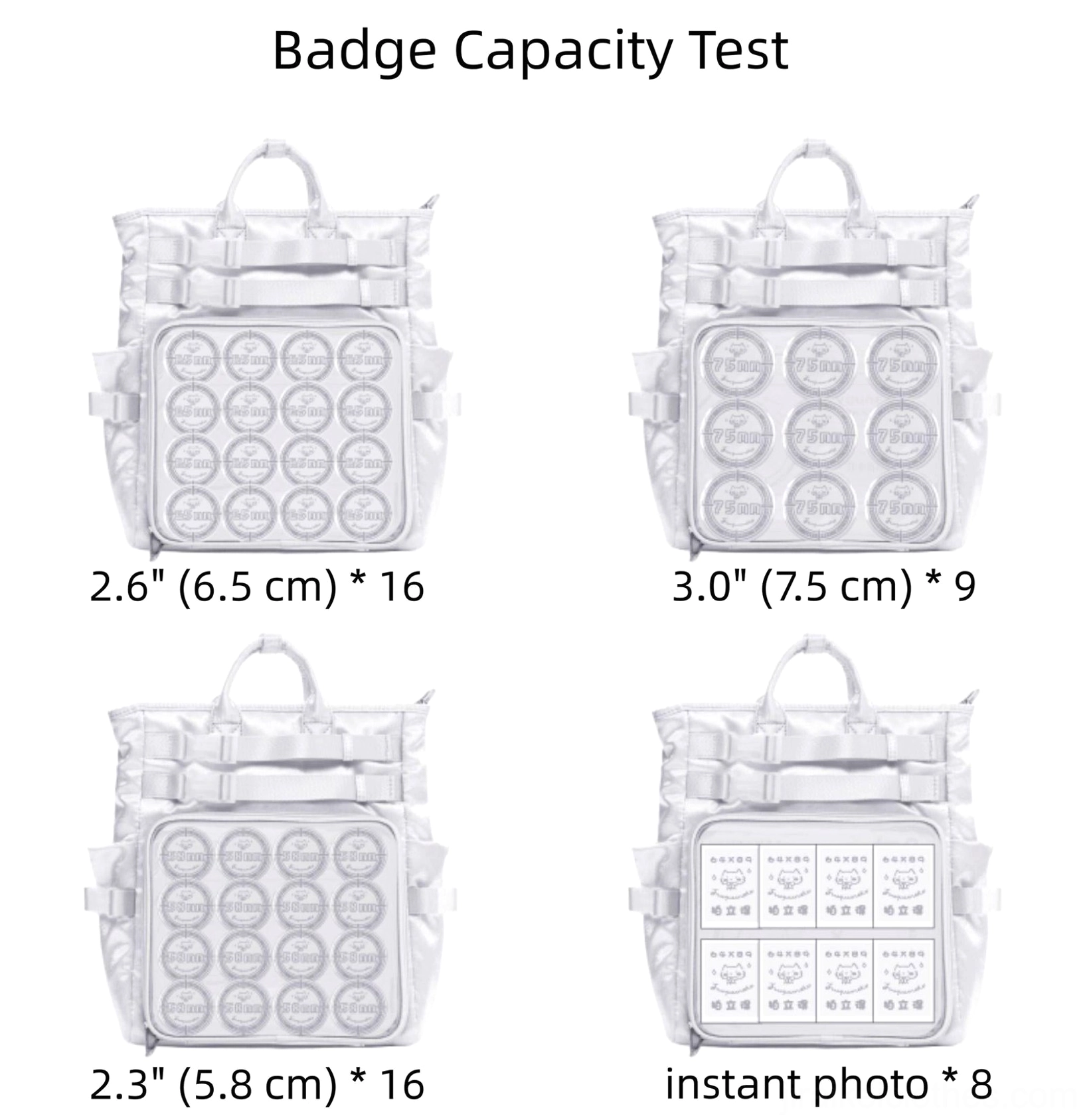 Ita bag badge capacity test display showing 16 pieces of 2.6 inch 6.5cm diameter anime badges fitting perfectly in transparent display window