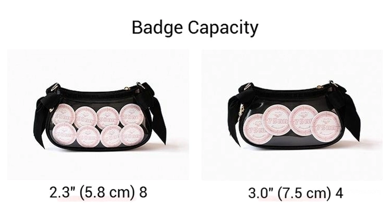 Ita bag badge capacity guide showing two display options for different sized anime badge collections and organization system on plain white background