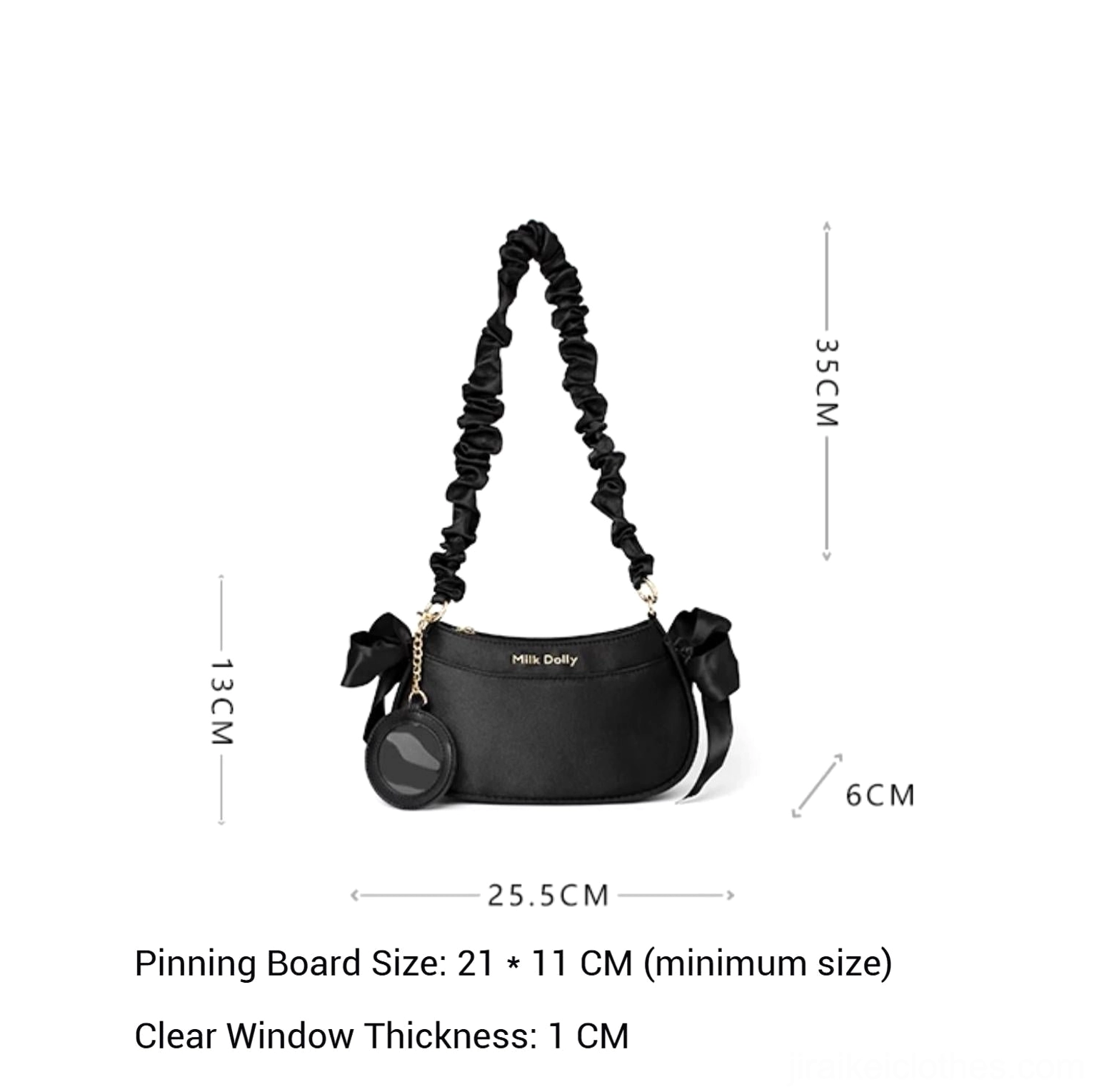 Ita bag dimension specification chart showing measurements, included strap types, clear window capacity specifications, and badge display options on white background