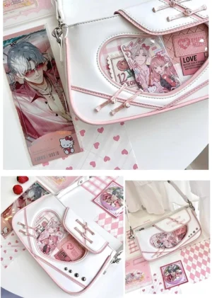 Ita crossbody handbag showcasing transparent heart display window filled with anime love cards and character photographs in pink and white color scheme