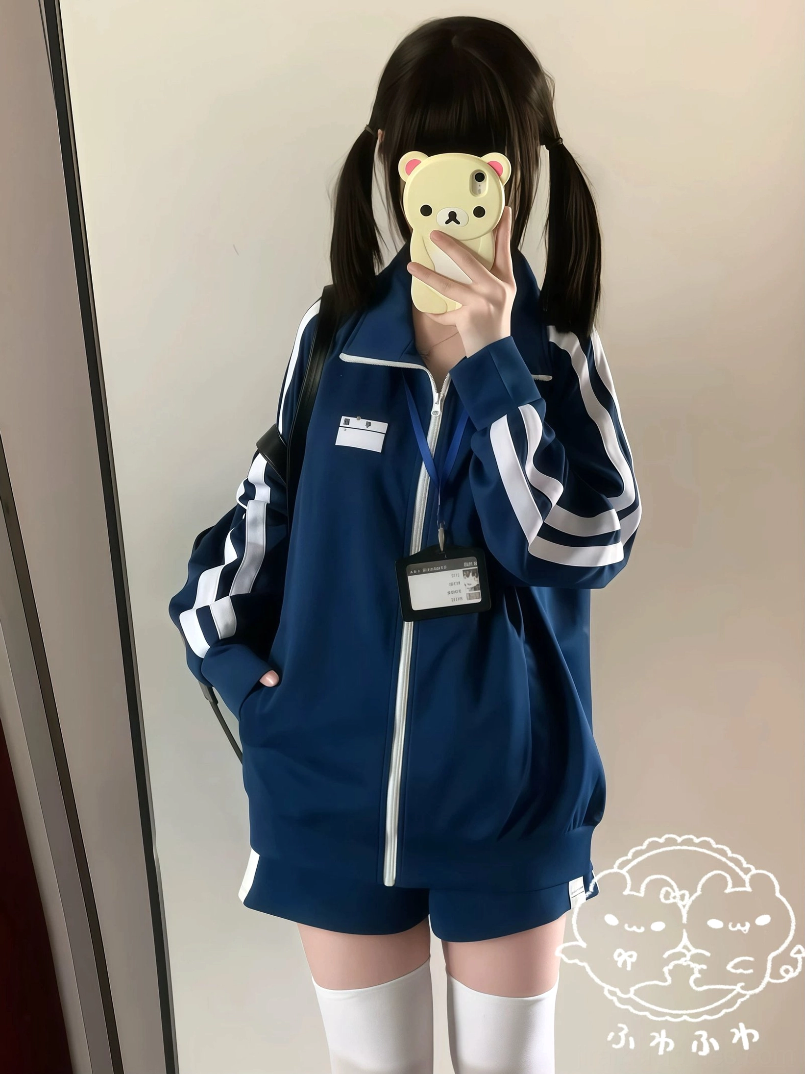 Navy Jersey Maid sports jacket with white sleeve stripes and name label patch worn with white maid apron, mirror selfie of twin-tail model in casual home interior, work-style aesthetic