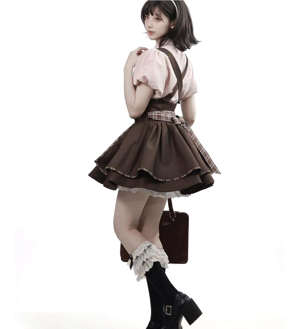 Academia bubble sleeve blouse and suspender skirt coordinate outfit multiple color options black brown pink white styling combinations