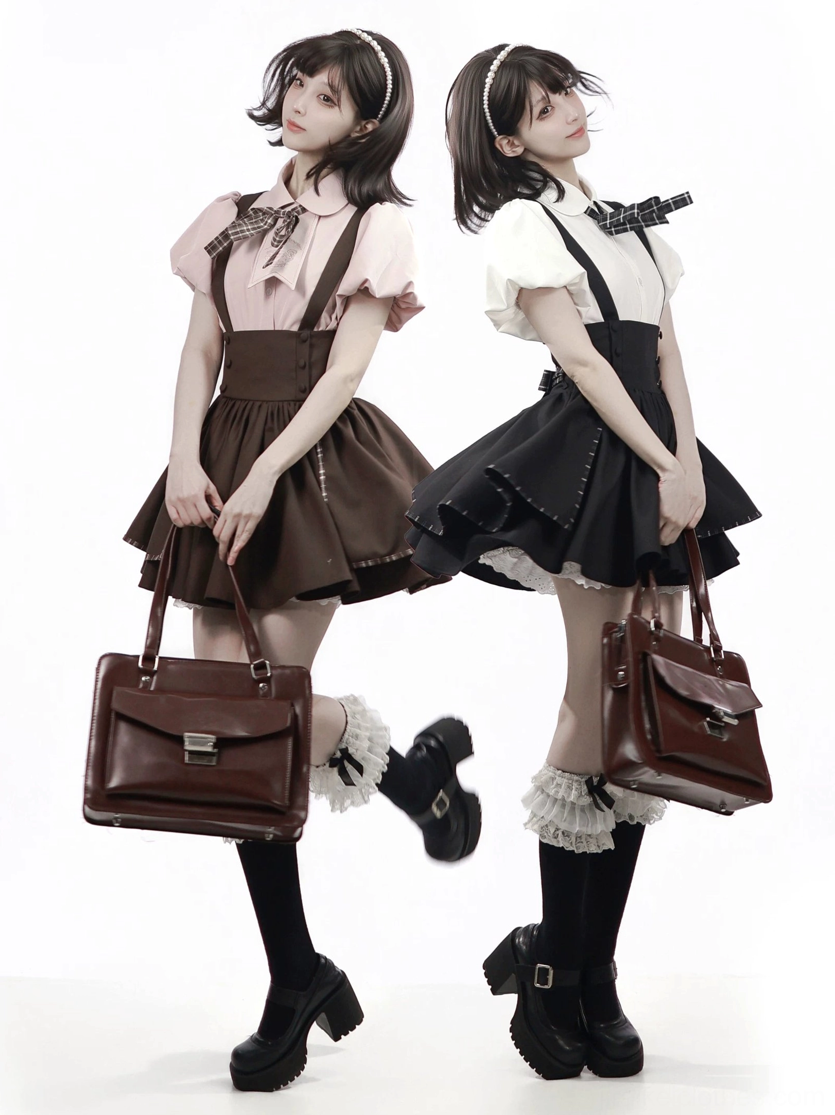 Jirai Kei academia two-piece outfit full-body side view featuring pink bubble sleeve blouse and brown suspender skirt with plaid details and leather handbag