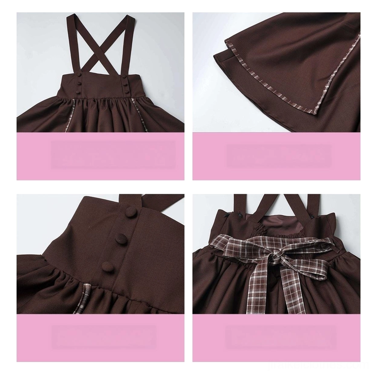 Jirai kei academia outfit flat lay composition showing bubble sleeve blouse suspender skirt detachable pieces plaid bow tie collar panel